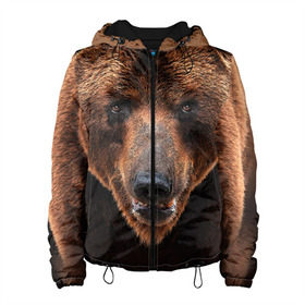 Женская куртка 3D с принтом Медведь в Петрозаводске, ткань верха — 100% полиэстер, подклад — флис | прямой крой, подол и капюшон оформлены резинкой с фиксаторами, два кармана без застежек по бокам, один большой потайной карман на груди. Карман на груди застегивается на липучку | бурый | гризли | животные | медведь | мишка