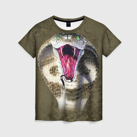 Женская футболка 3D с принтом Кобра в Петрозаводске, 100% полиэфир ( синтетическое хлопкоподобное полотно) | прямой крой, круглый вырез горловины, длина до линии бедер | змея | зубы | кобра