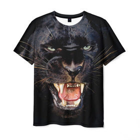 Мужская футболка 3D с принтом Пантера в Петрозаводске, 100% полиэфир | прямой крой, круглый вырез горловины, длина до линии бедер | Тематика изображения на принте: животные | зубы | киса | киска | кошка | оскал | пантера