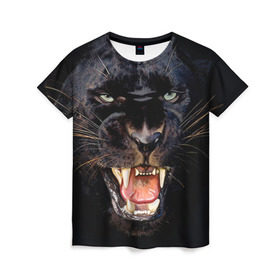 Женская футболка 3D с принтом Пантера в Петрозаводске, 100% полиэфир ( синтетическое хлопкоподобное полотно) | прямой крой, круглый вырез горловины, длина до линии бедер | животные | зубы | киса | киска | кошка | оскал | пантера