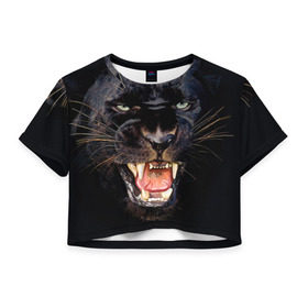 Женская футболка 3D укороченная с принтом Пантера в Петрозаводске, 100% полиэстер | круглая горловина, длина футболки до линии талии, рукава с отворотами | животные | зубы | киса | киска | кошка | оскал | пантера