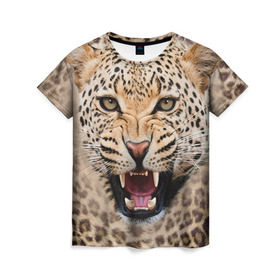 Женская футболка 3D с принтом Леопард в Петрозаводске, 100% полиэфир ( синтетическое хлопкоподобное полотно) | прямой крой, круглый вырез горловины, длина до линии бедер | животные | зубы | киса | киска | кошка | леопард | оскал