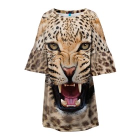 Детское платье 3D с принтом Леопард в Петрозаводске, 100% полиэстер | прямой силуэт, чуть расширенный к низу. Круглая горловина, на рукавах — воланы | Тематика изображения на принте: животные | зубы | киса | киска | кошка | леопард | оскал