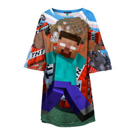 Детское платье 3D с принтом Minecraft в Петрозаводске, 100% полиэстер | прямой силуэт, чуть расширенный к низу. Круглая горловина, на рукавах — воланы | Тематика изображения на принте: крипер
