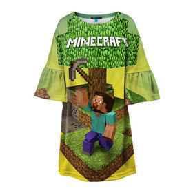 Детское платье 3D с принтом Minecraft в Петрозаводске, 100% полиэстер | прямой силуэт, чуть расширенный к низу. Круглая горловина, на рукавах — воланы | Тематика изображения на принте: крипер