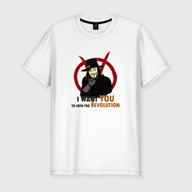 Мужская футболка премиум с принтом Vendetta в Петрозаводске, 92% хлопок, 8% лайкра | приталенный силуэт, круглый вырез ворота, длина до линии бедра, короткий рукав | вендетта | кино | маска | революция | чтобы ты присоединился к революциианонимус | я хочу