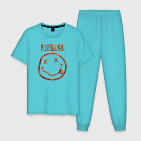 Мужская пижама хлопок с принтом Nirvana fire в Петрозаводске, 100% хлопок | брюки и футболка прямого кроя, без карманов, на брюках мягкая резинка на поясе и по низу штанин
 | cobain | kurt | nirvana | кобейн | курт | нирвана | рок