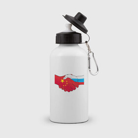 Бутылка спортивная с принтом Россия Китай в Петрозаводске, металл | емкость — 500 мл, в комплекте две пластиковые крышки и карабин для крепления | европа | китай | россия | руки | сила