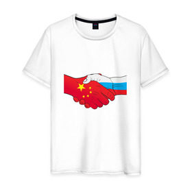 Мужская футболка хлопок с принтом Россия Китай в Петрозаводске, 100% хлопок | прямой крой, круглый вырез горловины, длина до линии бедер, слегка спущенное плечо. | Тематика изображения на принте: европа | китай | россия | руки | сила