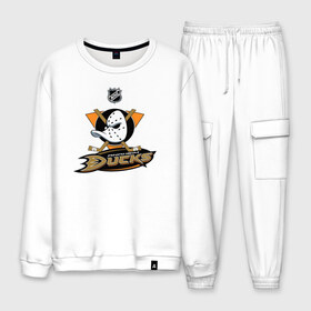 Мужской костюм хлопок с принтом Anaheim Ducks (Black) в Петрозаводске, 100% хлопок | на свитшоте круглая горловина, мягкая резинка по низу. Брюки заужены к низу, на них два вида карманов: два “обычных” по бокам и два объемных, с клапанами, расположенные ниже линии бедра. Брюки с мягкой трикотажной резинкой на поясе и по низу штанин. В поясе для дополнительного комфорта — широкие завязки | anaheim ducks | nhl | спорт | хоккей