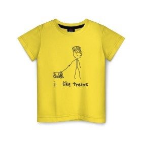 Детская футболка хлопок с принтом Я люблю поезда в Петрозаводске, 100% хлопок | круглый вырез горловины, полуприлегающий силуэт, длина до линии бедер | вагоны | метро | поезд | транспорт | человечек