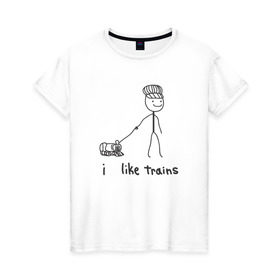 Женская футболка хлопок с принтом Я люблю поезда в Петрозаводске, 100% хлопок | прямой крой, круглый вырез горловины, длина до линии бедер, слегка спущенное плечо | вагоны | метро | поезд | транспорт | человечек