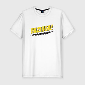 Мужская футболка премиум с принтом Bazinga в Петрозаводске, 92% хлопок, 8% лайкра | приталенный силуэт, круглый вырез ворота, длина до линии бедра, короткий рукав | Тематика изображения на принте: шелдон