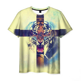Мужская футболка 3D с принтом Хипстер Тигр в Петрозаводске, 100% полиэфир | прямой крой, круглый вырез горловины, длина до линии бедер | 