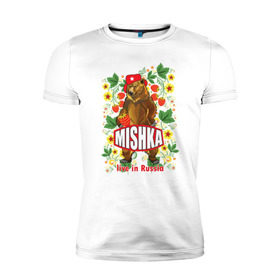 Мужская футболка премиум с принтом MISHKA в Петрозаводске, 92% хлопок, 8% лайкра | приталенный силуэт, круглый вырез ворота, длина до линии бедра, короткий рукав | Тематика изображения на принте: медведь | мишка | россия | русский | хохлома | ягода