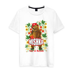 Мужская футболка хлопок с принтом MISHKA в Петрозаводске, 100% хлопок | прямой крой, круглый вырез горловины, длина до линии бедер, слегка спущенное плечо. | медведь | мишка | россия | русский | хохлома | ягода
