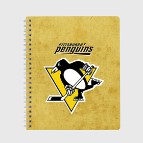 Тетрадь с принтом Pittsburgh Pinguins в Петрозаводске, 100% бумага | 48 листов, плотность листов — 60 г/м2, плотность картонной обложки — 250 г/м2. Листы скреплены сбоку удобной пружинной спиралью. Уголки страниц и обложки скругленные. Цвет линий — светло-серый
 | nhl | pittsburgh pinguins | спорт | хоккей