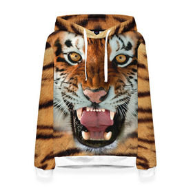 Женская толстовка 3D с принтом Тигр в Петрозаводске, 100% полиэстер  | двухслойный капюшон со шнурком для регулировки, мягкие манжеты на рукавах и по низу толстовки, спереди карман-кенгуру с мягким внутренним слоем. | животные | зубы | кошка | тигр