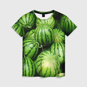 Женская футболка 3D с принтом Арбузы в Петрозаводске, 100% полиэфир ( синтетическое хлопкоподобное полотно) | прямой крой, круглый вырез горловины, длина до линии бедер | арбуз | еда | фрукт | ягода