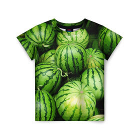 Детская футболка 3D с принтом Арбузы в Петрозаводске, 100% гипоаллергенный полиэфир | прямой крой, круглый вырез горловины, длина до линии бедер, чуть спущенное плечо, ткань немного тянется | Тематика изображения на принте: арбуз | еда | фрукт | ягода
