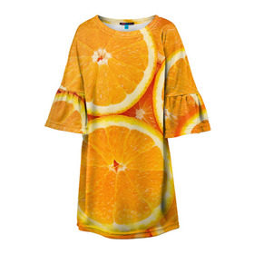 Детское платье 3D с принтом Апельсин в Петрозаводске, 100% полиэстер | прямой силуэт, чуть расширенный к низу. Круглая горловина, на рукавах — воланы | Тематика изображения на принте: апельсин | еда | лимон | фрукт