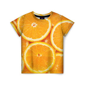Детская футболка 3D с принтом Апельсин в Петрозаводске, 100% гипоаллергенный полиэфир | прямой крой, круглый вырез горловины, длина до линии бедер, чуть спущенное плечо, ткань немного тянется | апельсин | еда | лимон | фрукт