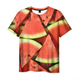 Мужская футболка 3D с принтом Дольки арбуза в Петрозаводске, 100% полиэфир | прямой крой, круглый вырез горловины, длина до линии бедер | арбуз | дольки арбуза | еда | фрукт | ягода