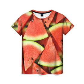 Женская футболка 3D с принтом Дольки арбуза в Петрозаводске, 100% полиэфир ( синтетическое хлопкоподобное полотно) | прямой крой, круглый вырез горловины, длина до линии бедер | арбуз | дольки арбуза | еда | фрукт | ягода