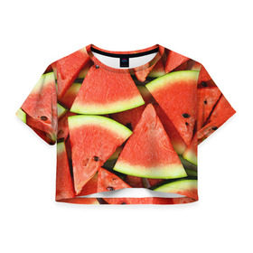 Женская футболка 3D укороченная с принтом Дольки арбуза в Петрозаводске, 100% полиэстер | круглая горловина, длина футболки до линии талии, рукава с отворотами | арбуз | дольки арбуза | еда | фрукт | ягода