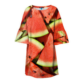 Детское платье 3D с принтом Дольки арбуза в Петрозаводске, 100% полиэстер | прямой силуэт, чуть расширенный к низу. Круглая горловина, на рукавах — воланы | арбуз | дольки арбуза | еда | фрукт | ягода