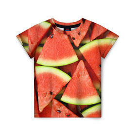 Детская футболка 3D с принтом Дольки арбуза в Петрозаводске, 100% гипоаллергенный полиэфир | прямой крой, круглый вырез горловины, длина до линии бедер, чуть спущенное плечо, ткань немного тянется | Тематика изображения на принте: арбуз | дольки арбуза | еда | фрукт | ягода