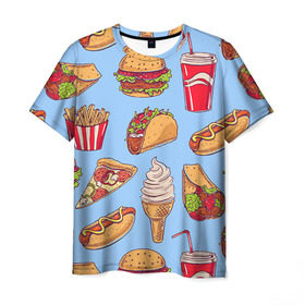 Мужская футболка 3D с принтом Еда в Петрозаводске, 100% полиэфир | прямой крой, круглый вырез горловины, длина до линии бедер | гамбургер | еда | пицца | фастфуд | фри
