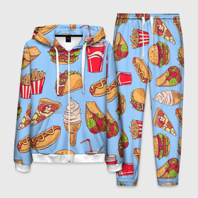 Мужской костюм 3D с принтом Еда в Петрозаводске, 100% полиэстер | Манжеты и пояс оформлены тканевой резинкой, двухслойный капюшон со шнурком для регулировки, карманы спереди | гамбургер | еда | пицца | фастфуд | фри