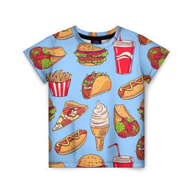 Детская футболка 3D с принтом Еда в Петрозаводске, 100% гипоаллергенный полиэфир | прямой крой, круглый вырез горловины, длина до линии бедер, чуть спущенное плечо, ткань немного тянется | гамбургер | еда | пицца | фастфуд | фри