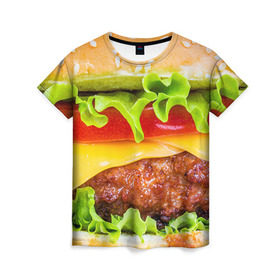 Женская футболка 3D с принтом Гамбургер в Петрозаводске, 100% полиэфир ( синтетическое хлопкоподобное полотно) | прямой крой, круглый вырез горловины, длина до линии бедер | бутерброд | гамбургер | еда | фастфуд | чизбургер