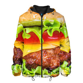 Мужская куртка 3D с принтом Гамбургер в Петрозаводске, ткань верха — 100% полиэстер, подклад — флис | прямой крой, подол и капюшон оформлены резинкой с фиксаторами, два кармана без застежек по бокам, один большой потайной карман на груди. Карман на груди застегивается на липучку | бутерброд | гамбургер | еда | фастфуд | чизбургер