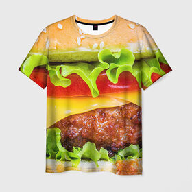 Мужская футболка 3D с принтом Гамбургер в Петрозаводске, 100% полиэфир | прямой крой, круглый вырез горловины, длина до линии бедер | бутерброд | гамбургер | еда | фастфуд | чизбургер