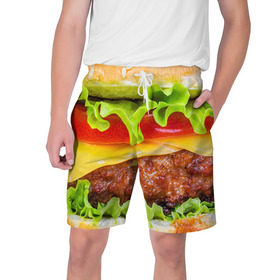 Мужские шорты 3D с принтом Гамбургер в Петрозаводске,  полиэстер 100% | прямой крой, два кармана без застежек по бокам. Мягкая трикотажная резинка на поясе, внутри которой широкие завязки. Длина чуть выше колен | бутерброд | гамбургер | еда | фастфуд | чизбургер