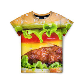 Детская футболка 3D с принтом Гамбургер в Петрозаводске, 100% гипоаллергенный полиэфир | прямой крой, круглый вырез горловины, длина до линии бедер, чуть спущенное плечо, ткань немного тянется | бутерброд | гамбургер | еда | фастфуд | чизбургер