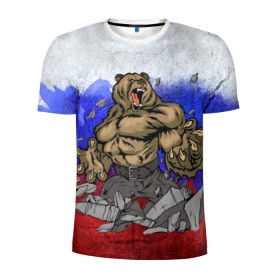 Мужская футболка 3D спортивная с принтом Медведь в Петрозаводске, 100% полиэстер с улучшенными характеристиками | приталенный силуэт, круглая горловина, широкие плечи, сужается к линии бедра | флаг россии
