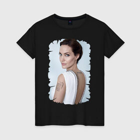 Женская футболка хлопок с принтом Angelina Jolie в Петрозаводске, 100% хлопок | прямой крой, круглый вырез горловины, длина до линии бедер, слегка спущенное плечо | татуировки