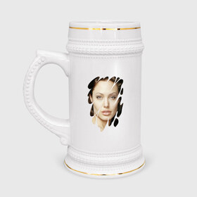 Кружка пивная с принтом Анджелина Джоли в Петрозаводске,  керамика (Материал выдерживает высокую температуру, стоит избегать резкого перепада температур) |  объем 630 мл | Тематика изображения на принте: angelina jolie | hollywood | анджелина джоли | голливуд | кинозвезда