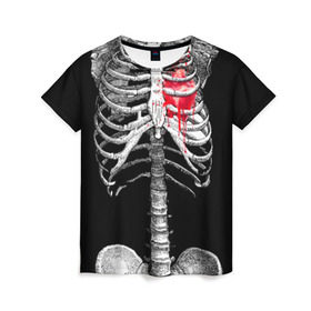 Женская футболка 3D с принтом Скелет с сердцем в Петрозаводске, 100% полиэфир ( синтетическое хлопкоподобное полотно) | прямой крой, круглый вырез горловины, длина до линии бедер | halloween | skeleton | кровь | скелет | хэллоуин