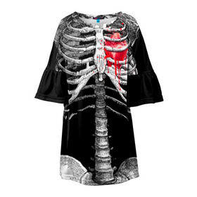 Детское платье 3D с принтом Скелет с сердцем в Петрозаводске, 100% полиэстер | прямой силуэт, чуть расширенный к низу. Круглая горловина, на рукавах — воланы | Тематика изображения на принте: halloween | skeleton | кровь | скелет | хэллоуин