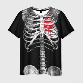 Мужская футболка 3D с принтом Скелет с сердцем в Петрозаводске, 100% полиэфир | прямой крой, круглый вырез горловины, длина до линии бедер | Тематика изображения на принте: halloween | skeleton | кровь | скелет | хэллоуин