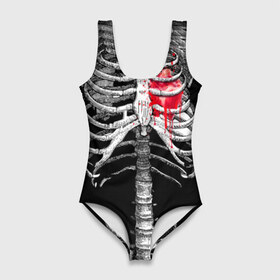Купальник-боди 3D с принтом Скелет с сердцем в Петрозаводске, 82% полиэстер, 18% эластан | Круглая горловина, круглый вырез на спине | Тематика изображения на принте: halloween | skeleton | кровь | скелет | хэллоуин