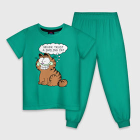 Детская пижама хлопок с принтом Garfield Smiling Cat в Петрозаводске, 100% хлопок |  брюки и футболка прямого кроя, без карманов, на брюках мягкая резинка на поясе и по низу штанин
 | Тематика изображения на принте: garfield smiling cat гарфилд кот