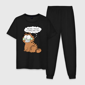 Мужская пижама хлопок с принтом Garfield Smiling Cat в Петрозаводске, 100% хлопок | брюки и футболка прямого кроя, без карманов, на брюках мягкая резинка на поясе и по низу штанин
 | Тематика изображения на принте: garfield smiling cat гарфилд кот
