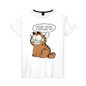 Женская футболка хлопок с принтом Garfield Smiling Cat в Петрозаводске, 100% хлопок | прямой крой, круглый вырез горловины, длина до линии бедер, слегка спущенное плечо | Тематика изображения на принте: garfield smiling cat гарфилд кот