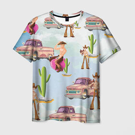 Мужская футболка 3D с принтом Ковбой в Петрозаводске, 100% полиэфир | прямой крой, круглый вырез горловины, длина до линии бедер | голые | кактус | ковбой | парни | пикап | прикол | пустыня